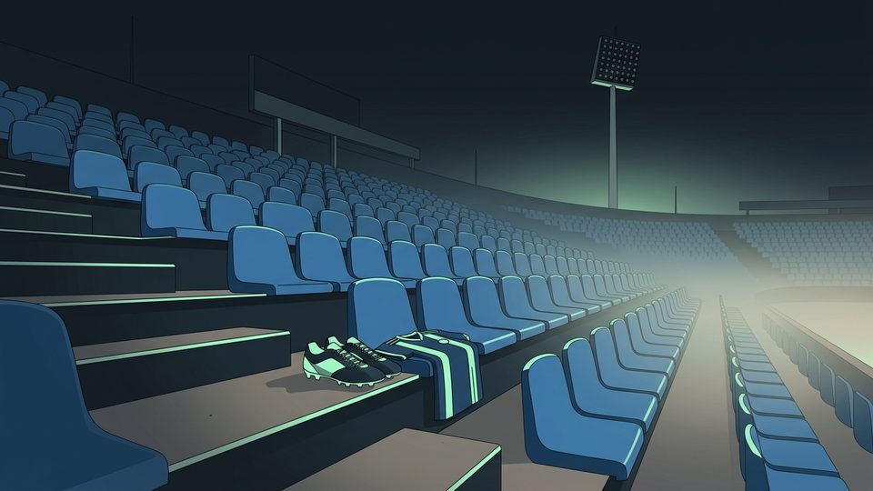 Ilustrasi pagi sunyi di tribun stadion kosong dengan sepasang sepatu bola tergeletak di anak tangga