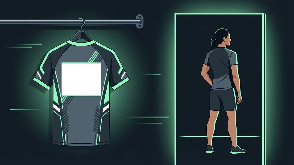 Ilustrasi jersey bernomor tergantung di panggangan dengan bayangan cermin yang berdiri tegak tanpa jersey