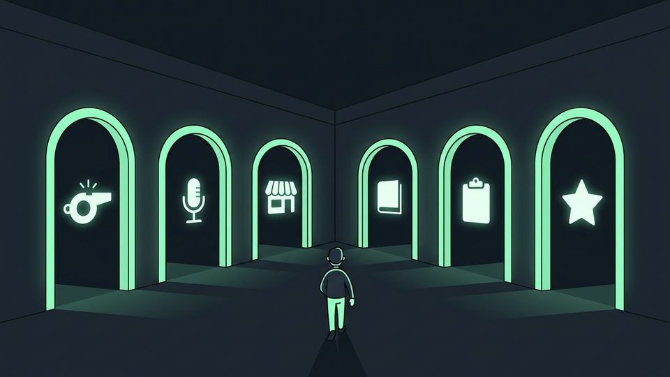 Ilustrasi lorong stadion bercabang menjadi enam jalur bercahaya menuju arah yang berbeda